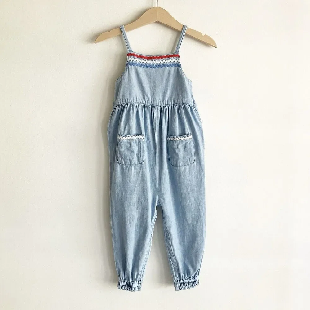 Old Navy Chambray Jumpsuit Baby Girl 18-24M Blue Sleeveless Ric Rac 4th of July